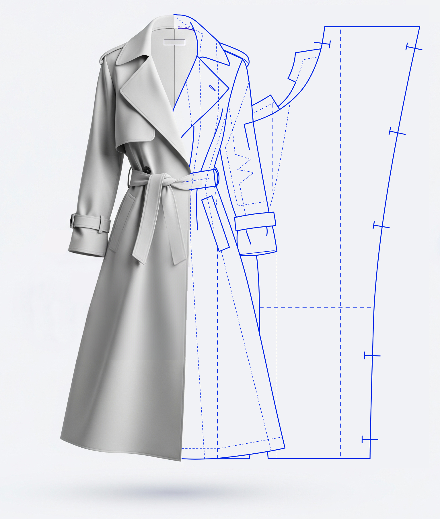 A trench coat design transforming into a sewing pattern.